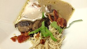 Wild roasted pheasant in coconut mushroom pheasant stock with bacon and sorrel.
