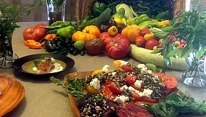 Sliced heirloom tomatoes brandy wine, purple Cherokee, Amana orange w lemon, Thai, Genovese and lettuce leaf, basil pesto and feta cheese. Also grilled wild antelope backstrap w fennel, tarragon, dried cherry and almond pesto. 