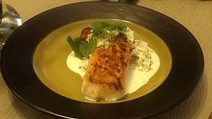 Seared hake w cilantro/ 4-pepper crema.